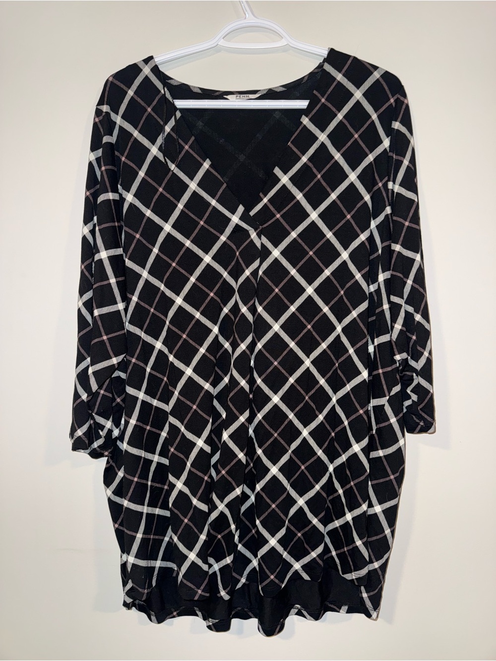 Penningtons Black Plaid V-Neck Tunic with Subtle Blush Lines